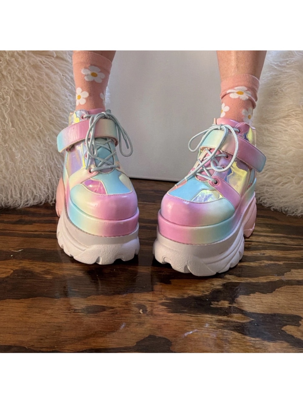 Pastel Rainbow Platform Sneakers - Iridescent Pink Blue